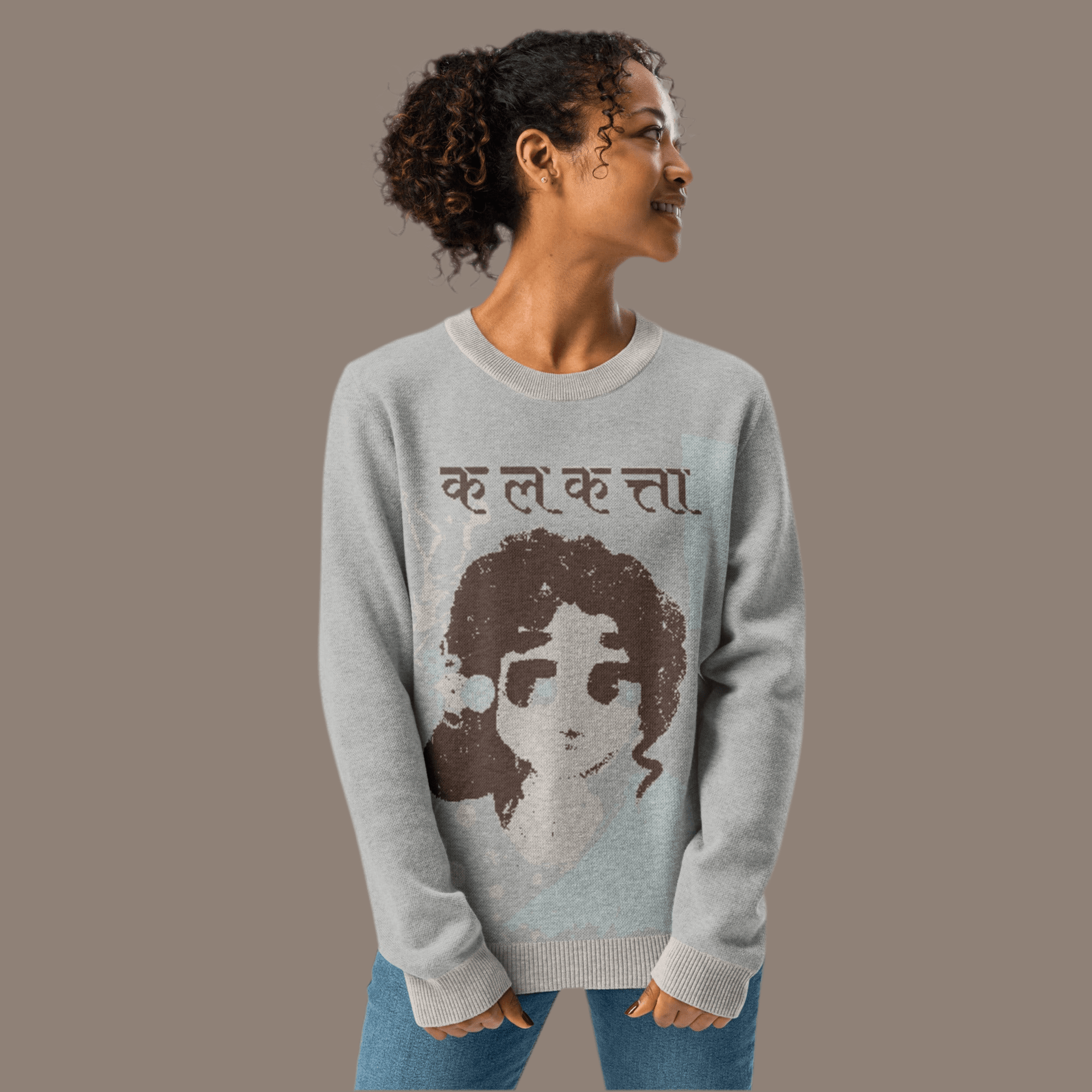 Calcutta Nostalgia Print in Hindi Unisex Sweater | Premium Knitwear Inspired by the Indian City, Kolkata - Paakhaa