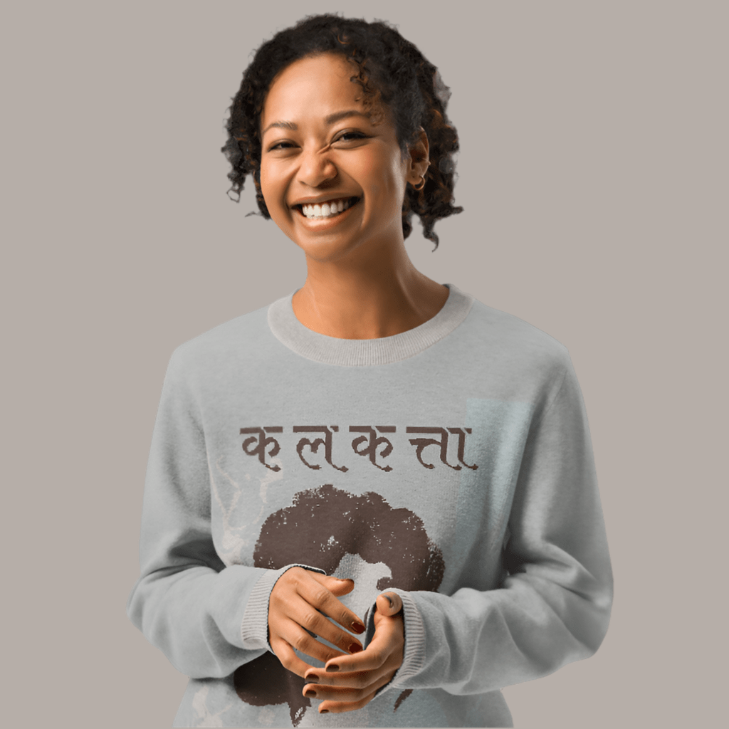 Calcutta Nostalgia Print in Hindi Unisex Sweater | Premium Knitwear Inspired by the Indian City, Kolkata - Paakhaa