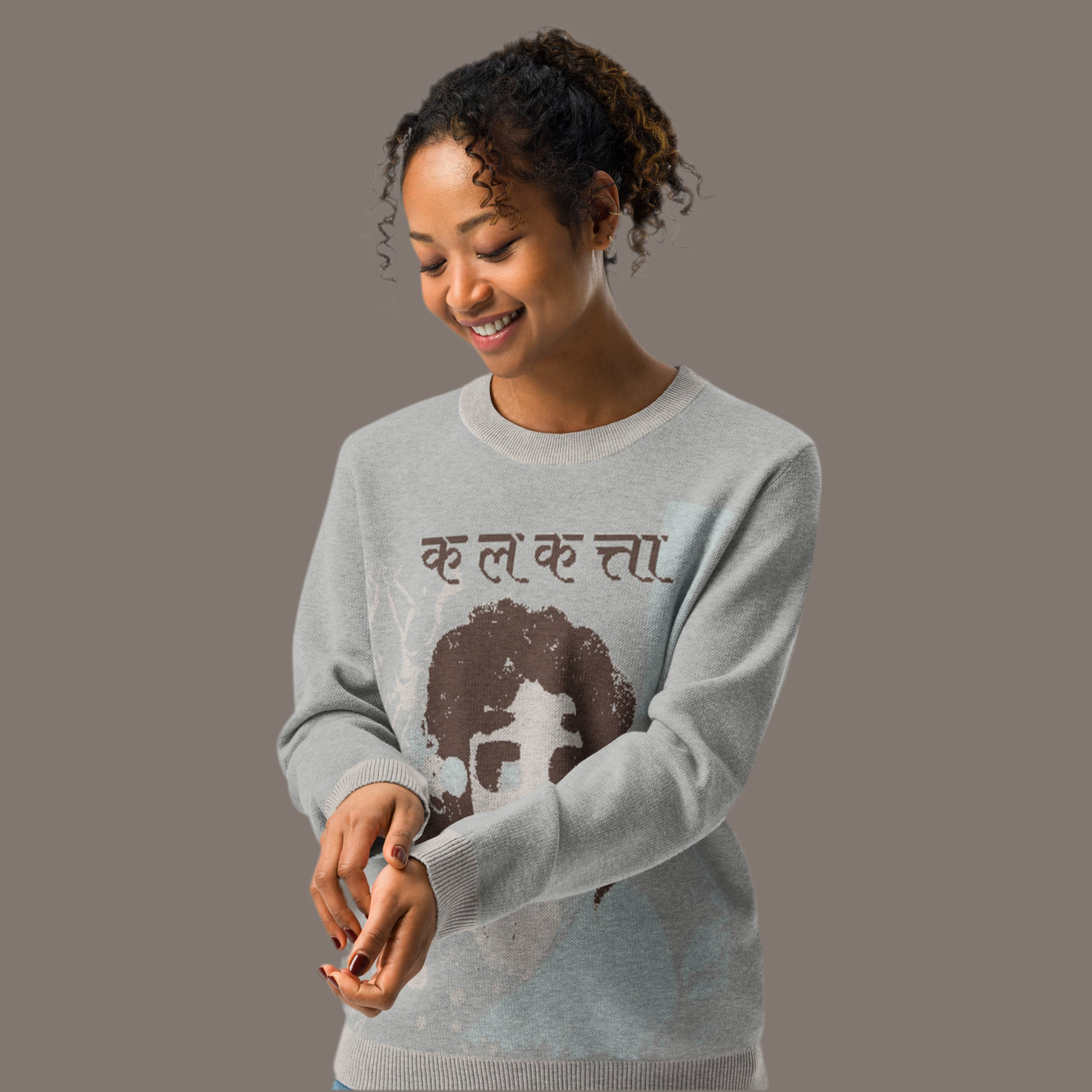 Calcutta Nostalgia Print in Hindi Unisex Sweater | Premium Knitwear Inspired by the Indian City, Kolkata - Paakhaa